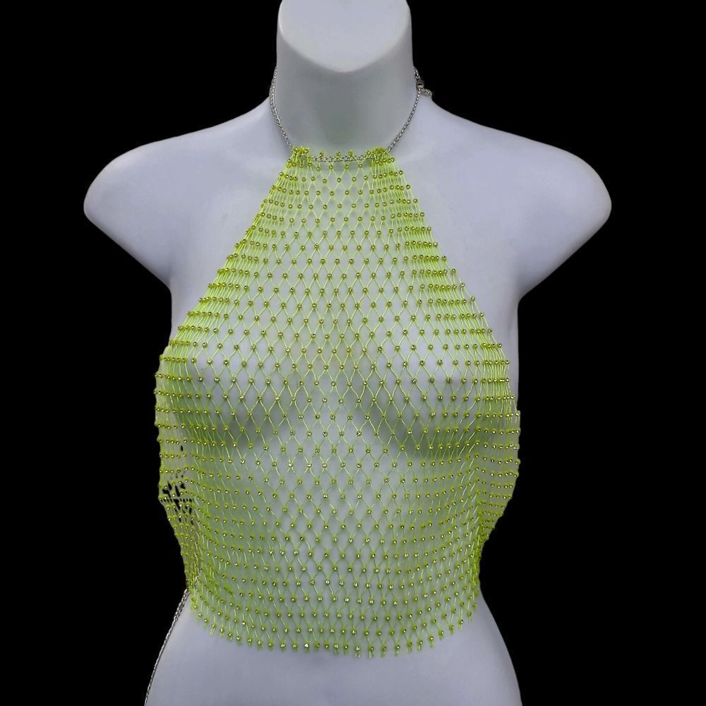 Brand New Yellow With Silver Rhinestone Mesh Body Fishnet Bra Cover